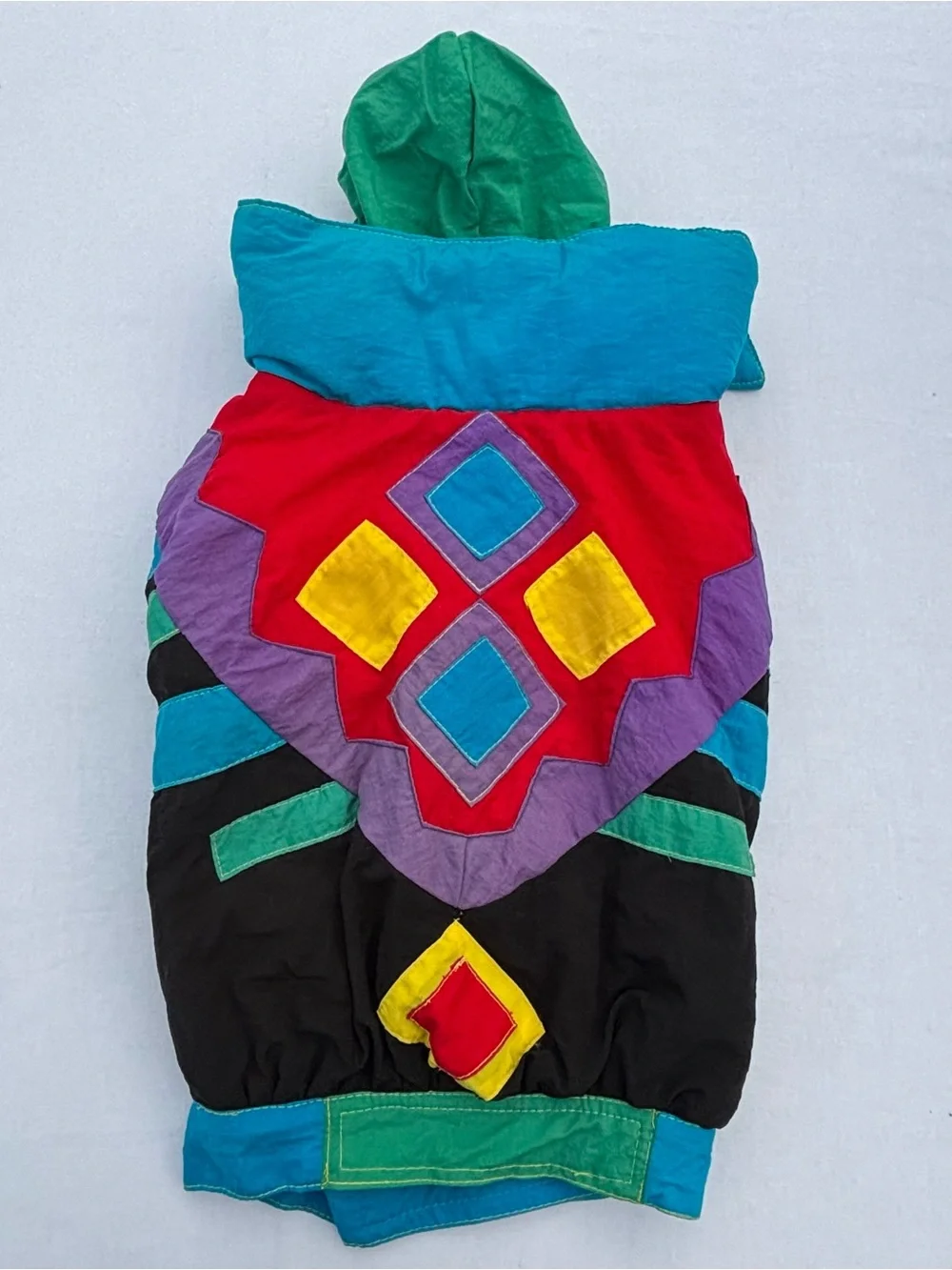 Vtg Pet Puffer Jacket L Dog Ski Coat Hooded 90s Retro Neon Geometric Colorblock